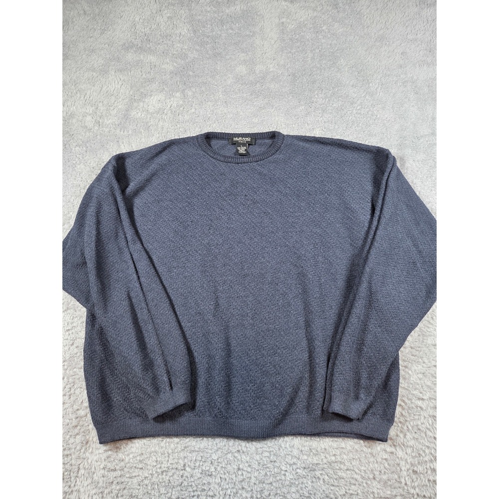 Cropped Mens Large Blue Grey Cotton Blend Crew Neck Knit Pullover Sweater Luxury